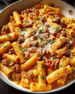Creamy sausage rigatoni dish in a skillet, ready to serve