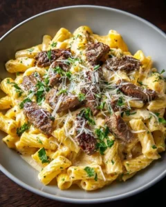 Creamy steak pasta with garlic sauce served in a bowl