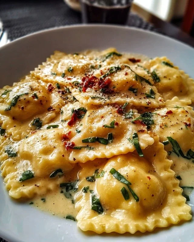 Delicious creamy Tuscan ravioli served with fresh herbs and cheese