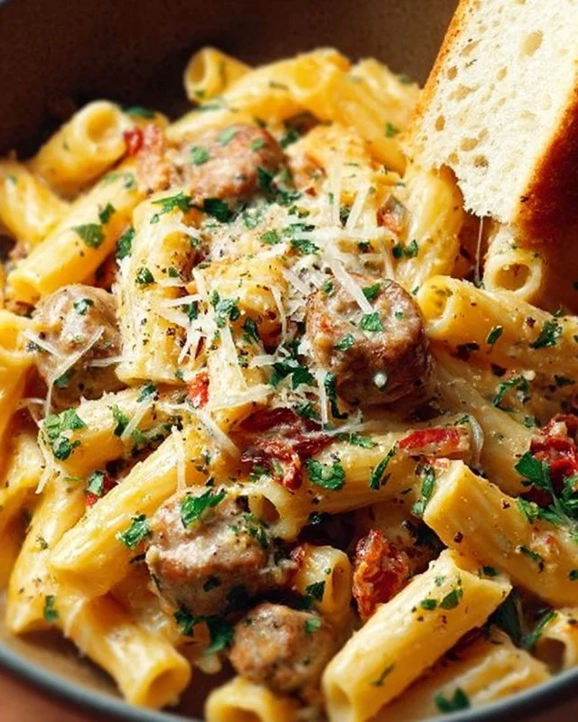 Creamy Tuscan sausage pasta served in a bowl with fresh herbs