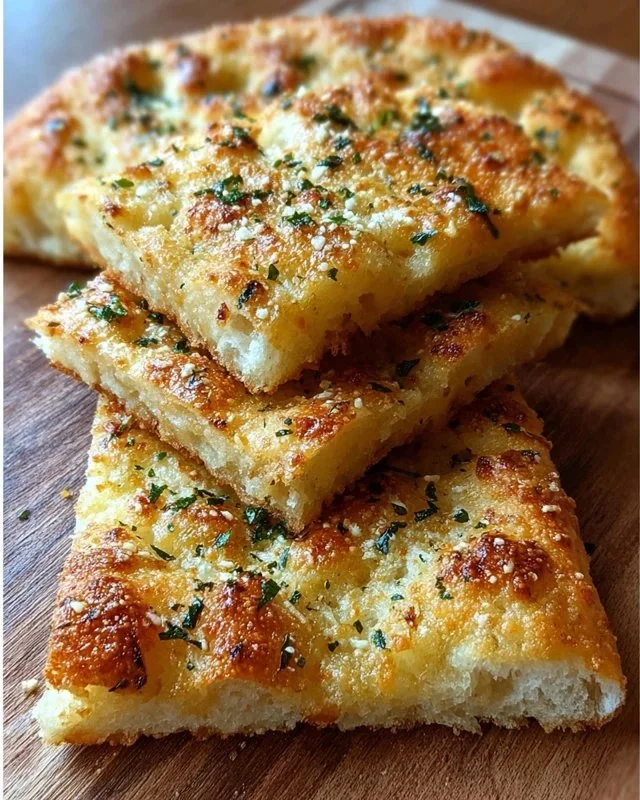 Crispy garlic parmesan focaccia bread topped with herbs and cheese