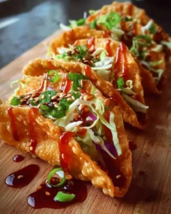 Crispy chicken wonton tacos served with fresh toppings and vibrant colors