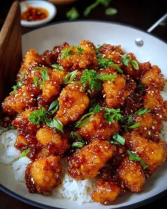 Crispy Chinese honey garlic chicken served with vegetables and rice