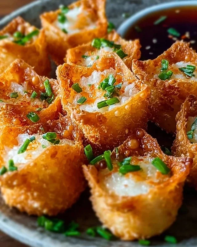 Plate of crispy crab rangoon bombs, a perfect appetizer for gatherings.