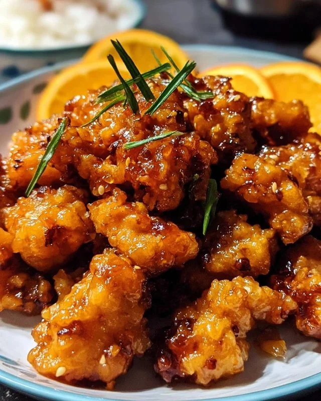 Deliciously crispy orange chicken served on a plate, garnished with green onions.