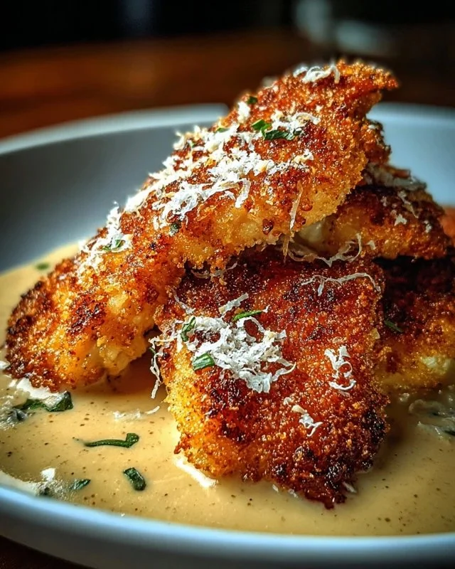 Crispy Parmesan Chicken served with rich garlic sauce for dinner