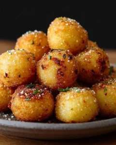 Crispy Parmesan Garlic Potato Balls served on a plate, golden and delicious.