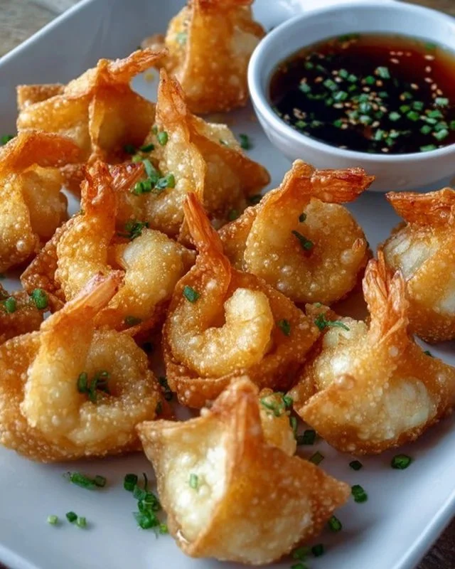Crispy wonton-wrapped shrimp served with dipping sauce