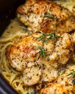 Crock Pot Angel Chicken with creamy sauce served on a plate