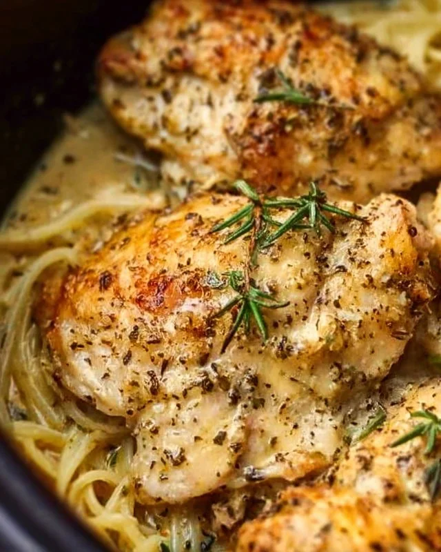 Crock Pot Angel Chicken with creamy sauce served on a plate