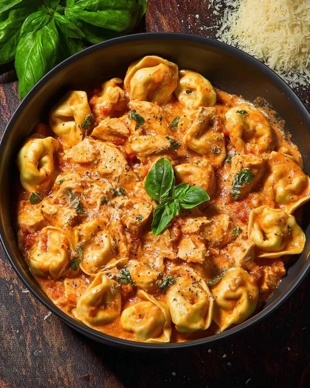 A bowl of creamy CrockPot Chicken Tortellini garnished with herbs.