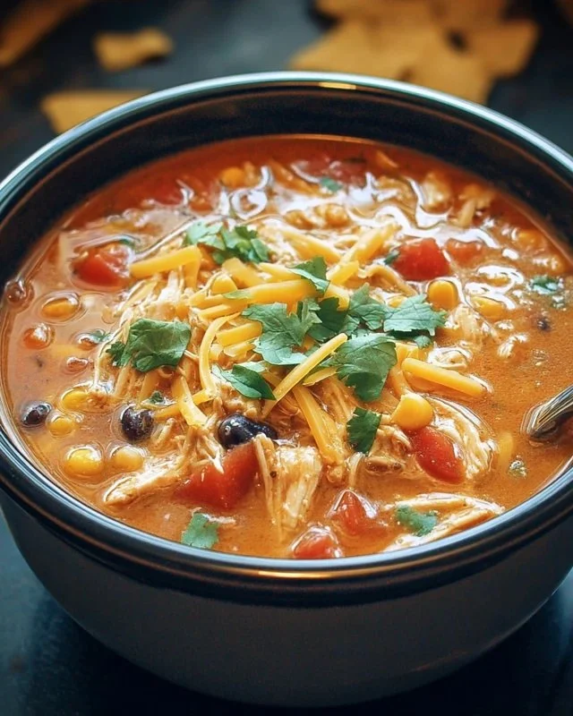 Delicious bowl of Crockpot Chicken Tortilla Soup with fresh toppings.