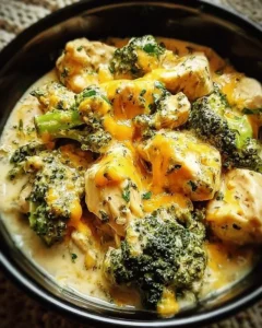 Crockpot Creamy Broccoli Cheddar Chicken served in a bowl with broccoli and cheese