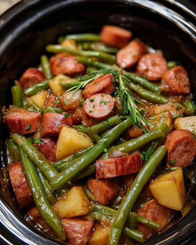 Crockpot Kielbasa with green beans in a slow cooker