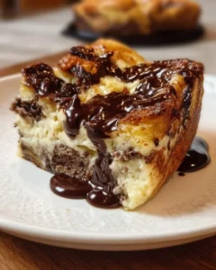 Decadent chocolate and cream cheese bread pudding dessert in a dish