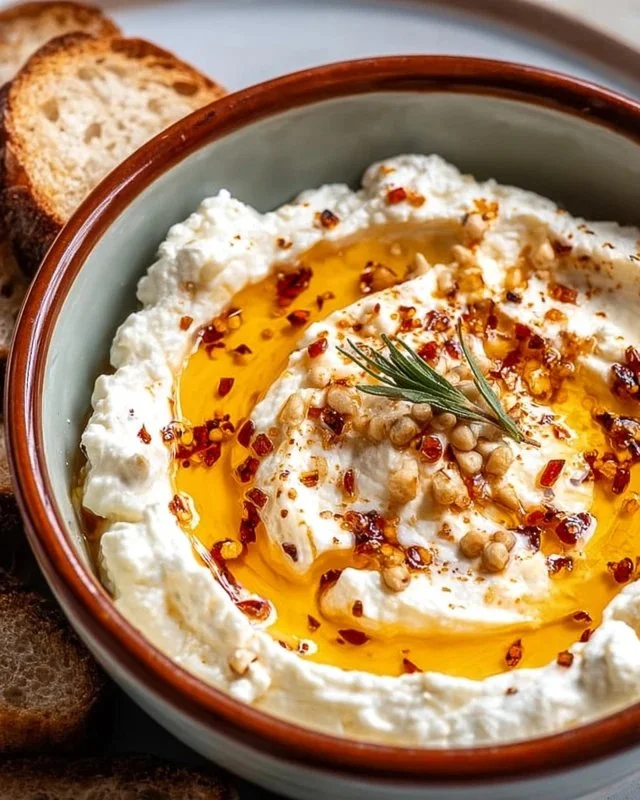 Delicious ricotta dip drizzled with hot honey in a serving bowl