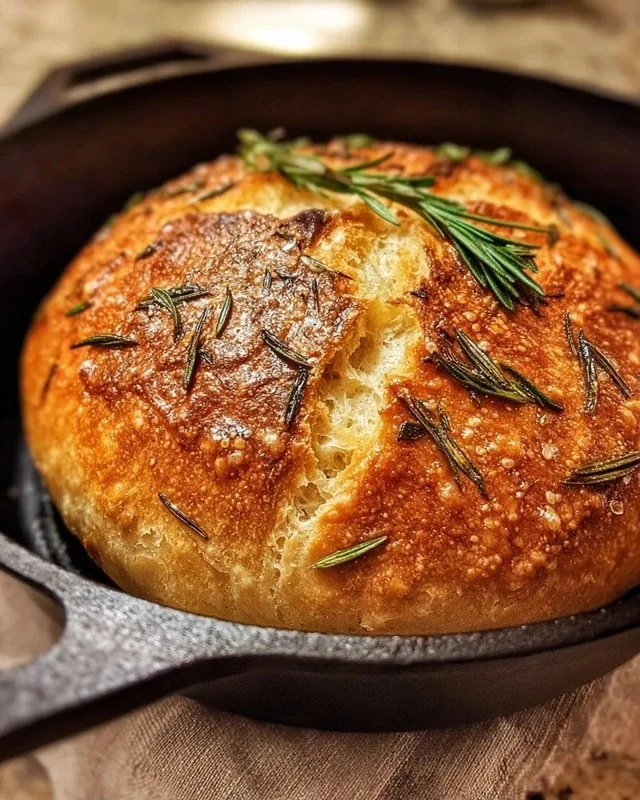 Freshly baked Dutch oven garlic rosemary bread with herbs