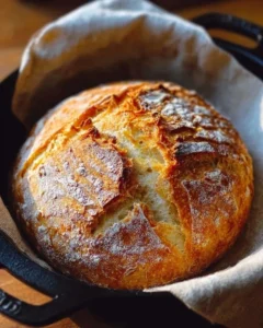 Freshly baked Dutch Oven No Knead Crusty Bread on a rustic wooden table