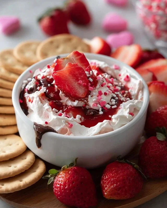 Delicious Easy 5-Minute Valentine's Day Dessert Dip served in a heart-shaped bowl
