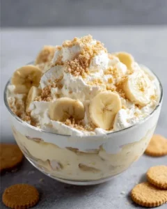 Bowl of Easy Banana Pudding Fluff Salad topped with whipped cream and banana slices