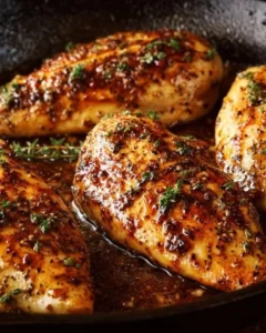 Plate of easy brown sugar garlic chicken breasts garnished with herbs