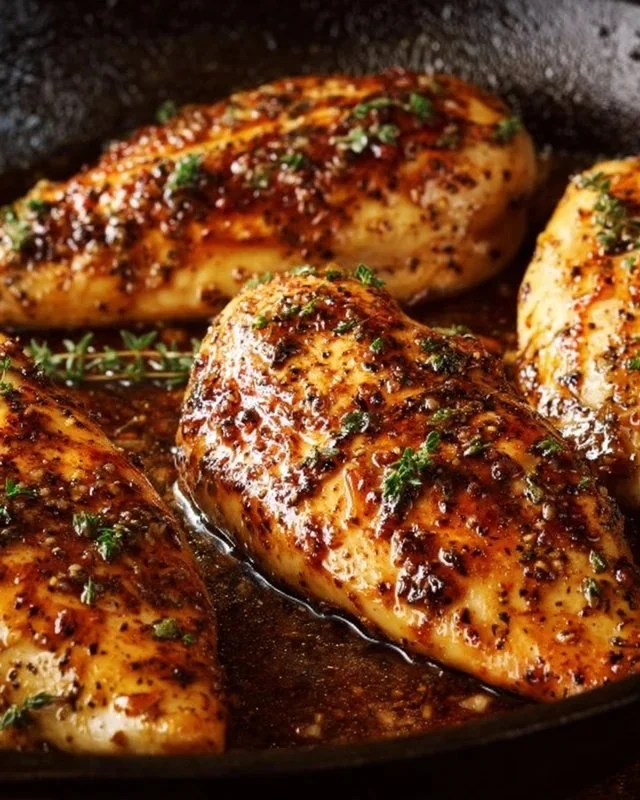 Plate of easy brown sugar garlic chicken breasts garnished with herbs