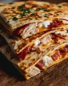Easy Chicken Bacon Ranch Quesadilla with crispy bacon and juicy chicken