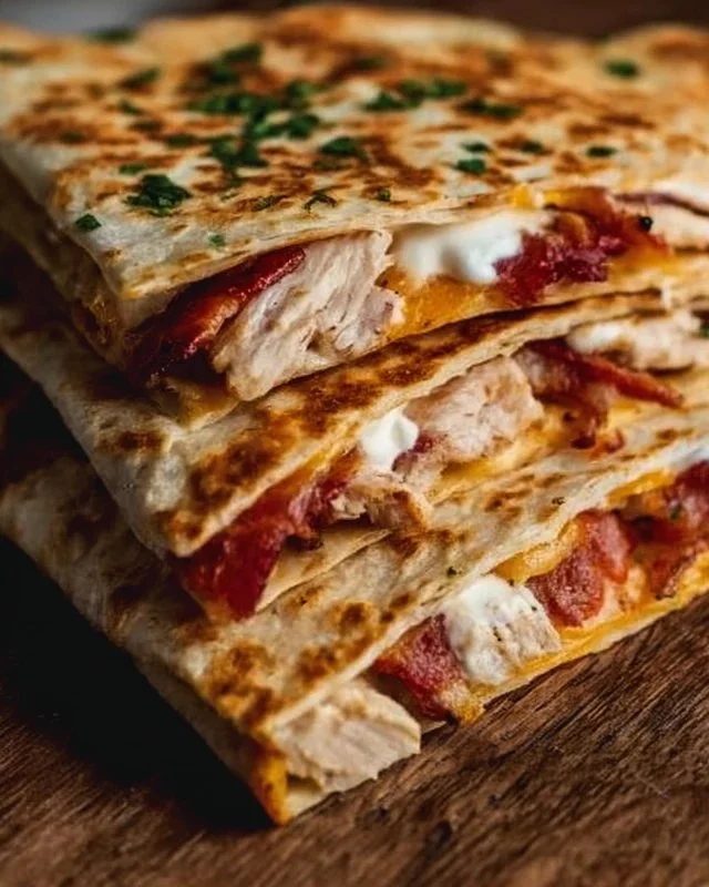 Easy Chicken Bacon Ranch Quesadilla with crispy bacon and juicy chicken