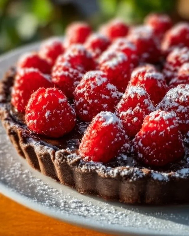 Delicious easy chocolate raspberry tart with fresh raspberries on top