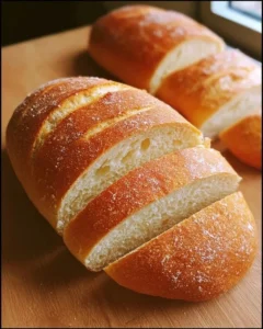 Freshly baked homemade soft and crusty French bread on a wooden cutting board.