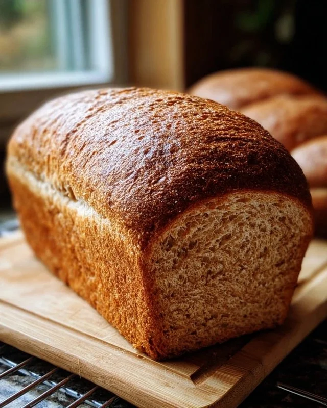 Freshly baked easy homemade soft whole wheat sandwich bread on a cutting board