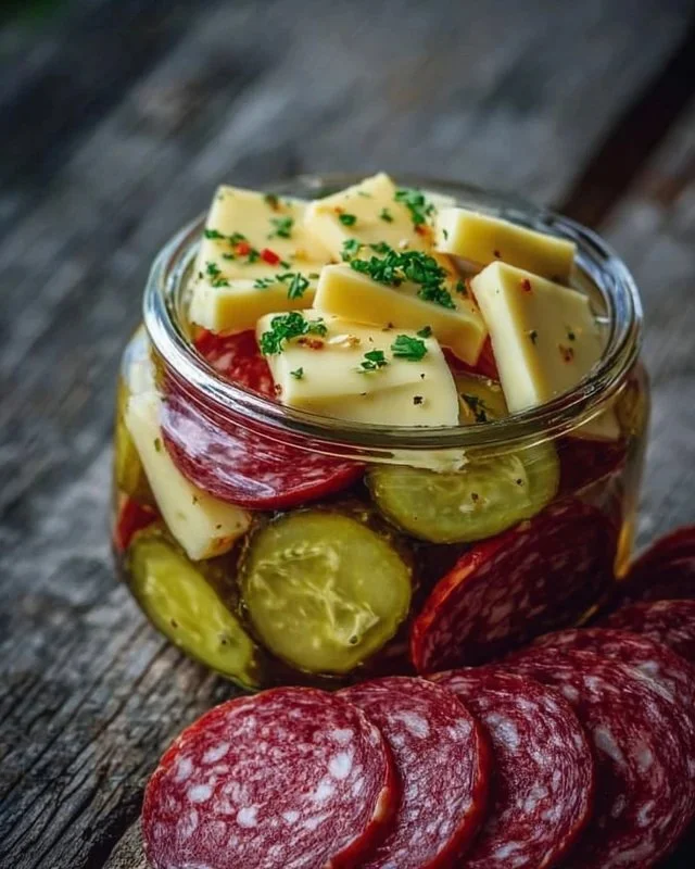 Delicious marinated cheese appetizer with salami and pickles on a platter.