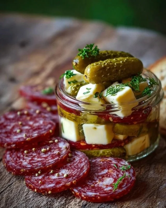 Easy Marinated Cheese Appetizer with Salami & Pickles