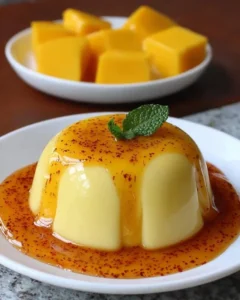 Delicious creamy mango pudding served in a glass dish topped with fresh mango slices.
