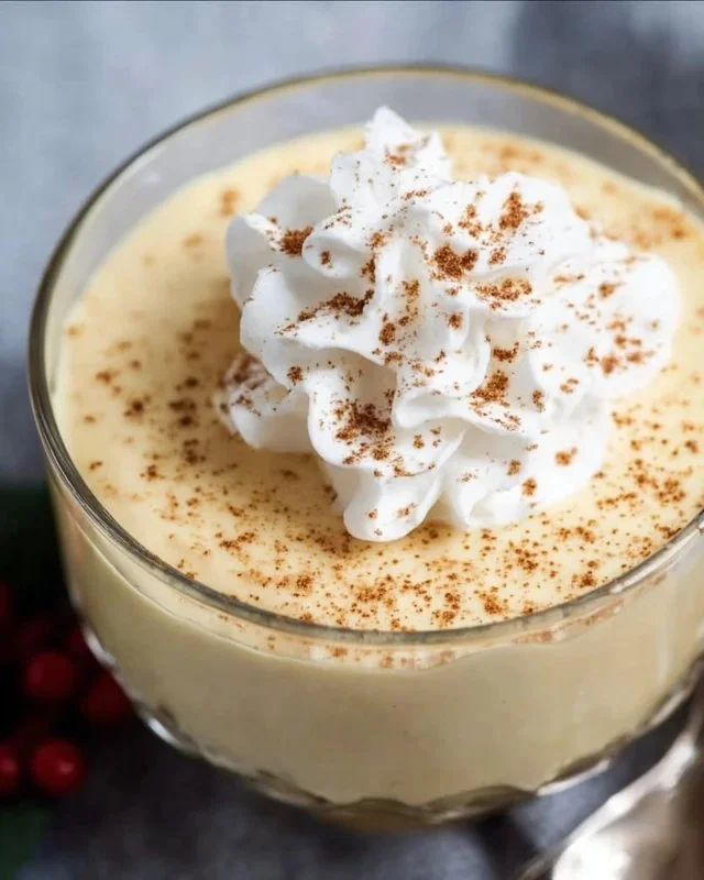 Delicious homemade eggnog pudding served in a festive bowl