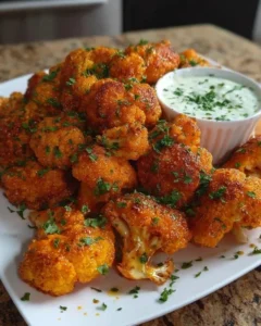 Bowl of flavorful Buffalo Cauliflower Bites, healthy snack recipe