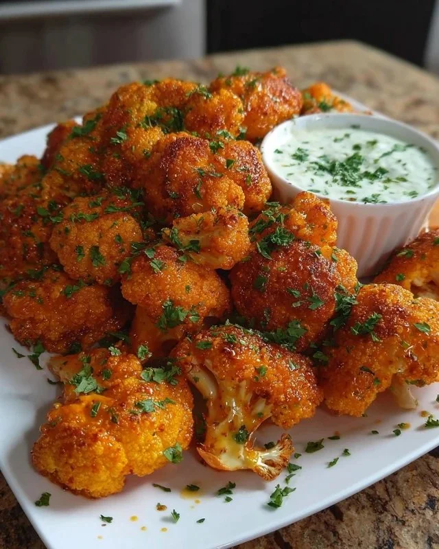 Bowl of flavorful Buffalo Cauliflower Bites, healthy snack recipe