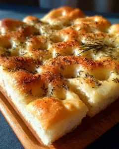 Homemade focaccia bread with herbs and olive oil on a rustic wooden table.