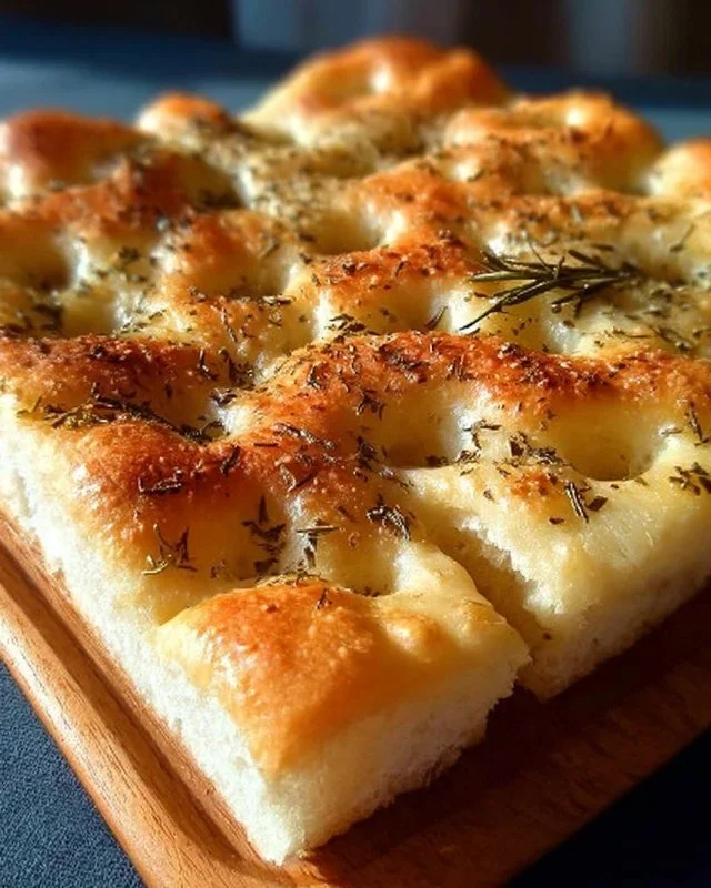 Homemade focaccia bread with herbs and olive oil on a rustic wooden table.