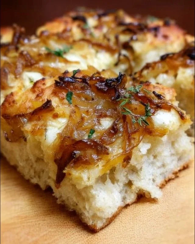 Homemade focaccia bread topped with caramelized onions and white cheddar cheese.