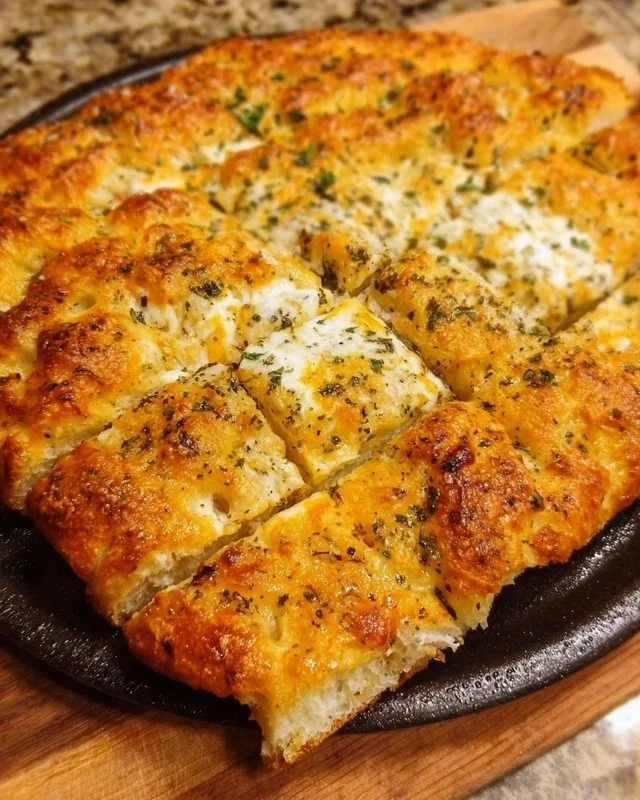 Freshly baked Focaccia Cheesy Garlic Bread with gooey cheese and garlic flavor