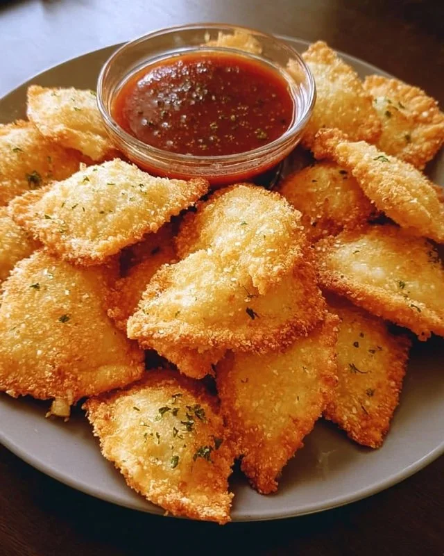 Plate of crispy Fried Ravioli served with marinara sauce.