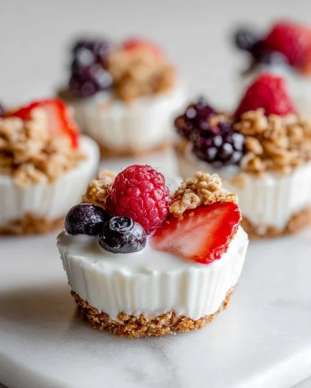Frozen yogurt granola cups topped with fresh fruit and nuts