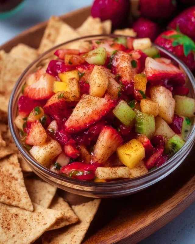 Fruit salsa with cinnamon sugar tortilla chips on a colorful plate
