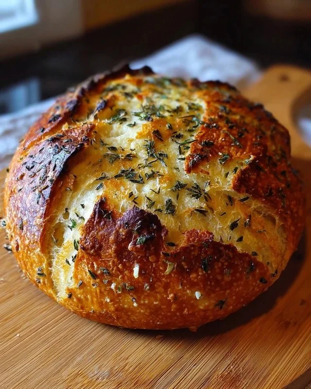 Freshly baked Garlic Herb Dutch Oven Bread served on a wooden table