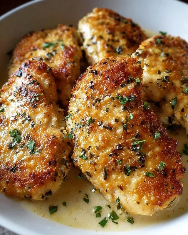 Garlic Parmesan Chicken served with herbs and garnished with parsley