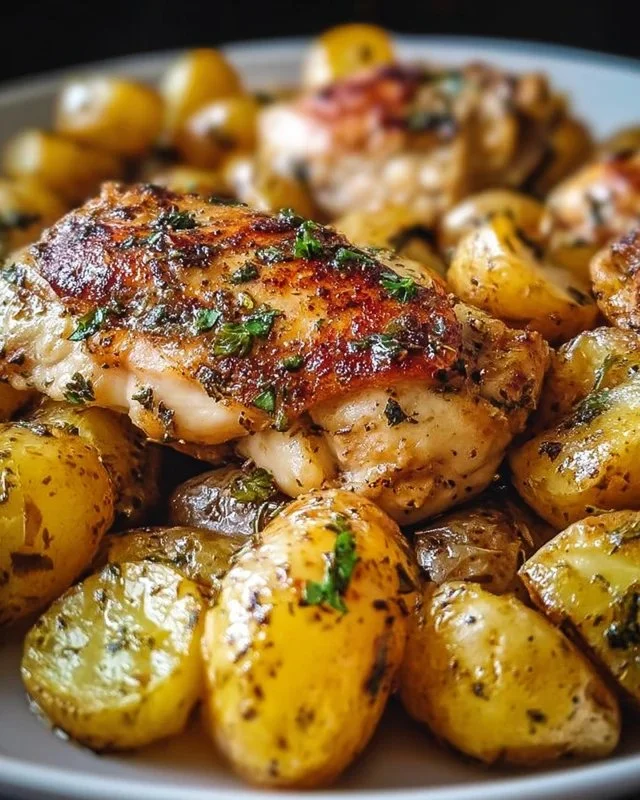 Delicious Garlic Parmesan Chicken served with roasted potatoes in a one-pan dinner