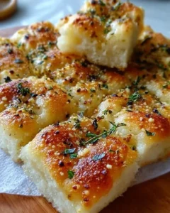 Freshly baked Garlic Parmesan Focaccia bread with herbs and cheese