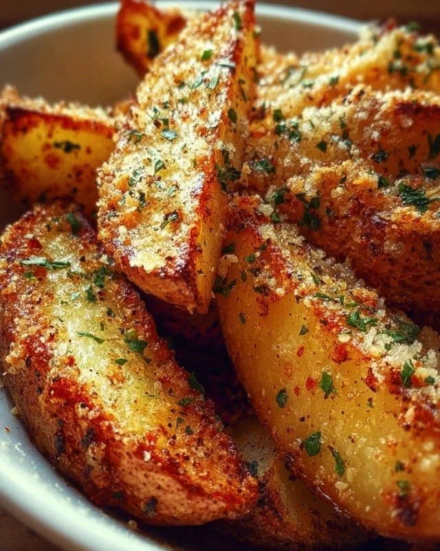 Crispy Garlic Parmesan Potato Wedges served on a plate