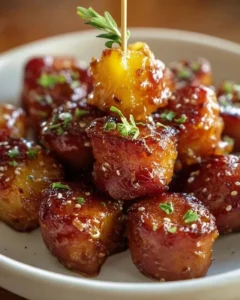 Glazed kielbasa pineapple bites served on a platter